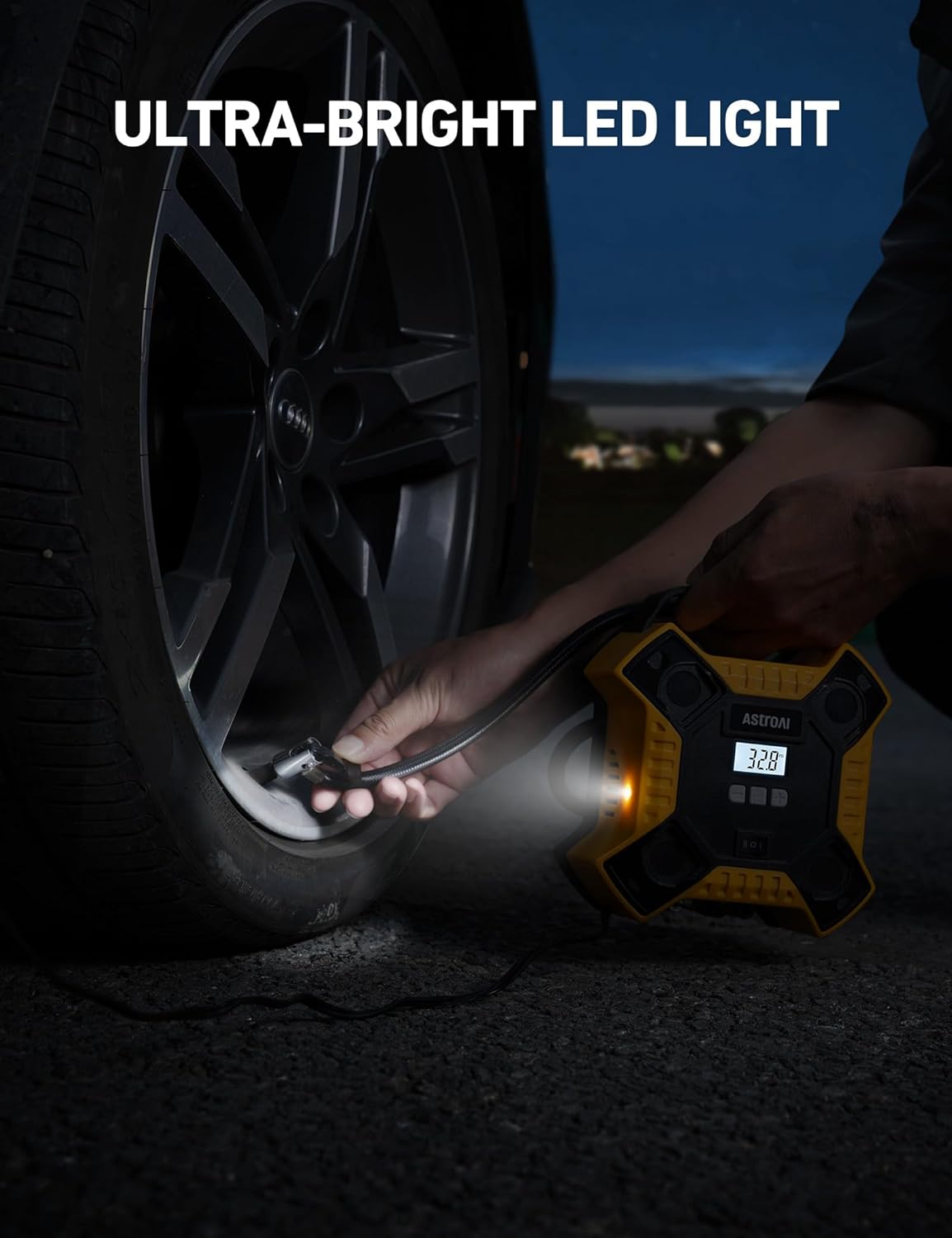 AstroAI Compresor de aire inflador de neumáticos bomba de aire portátil para neumáticos de coche, bomba de neumático de estructura metálica integrada de 12 V DC, 160 PSI con luz LED para coches, bicicletas, motocicletas y otros inflables (color amarillo)