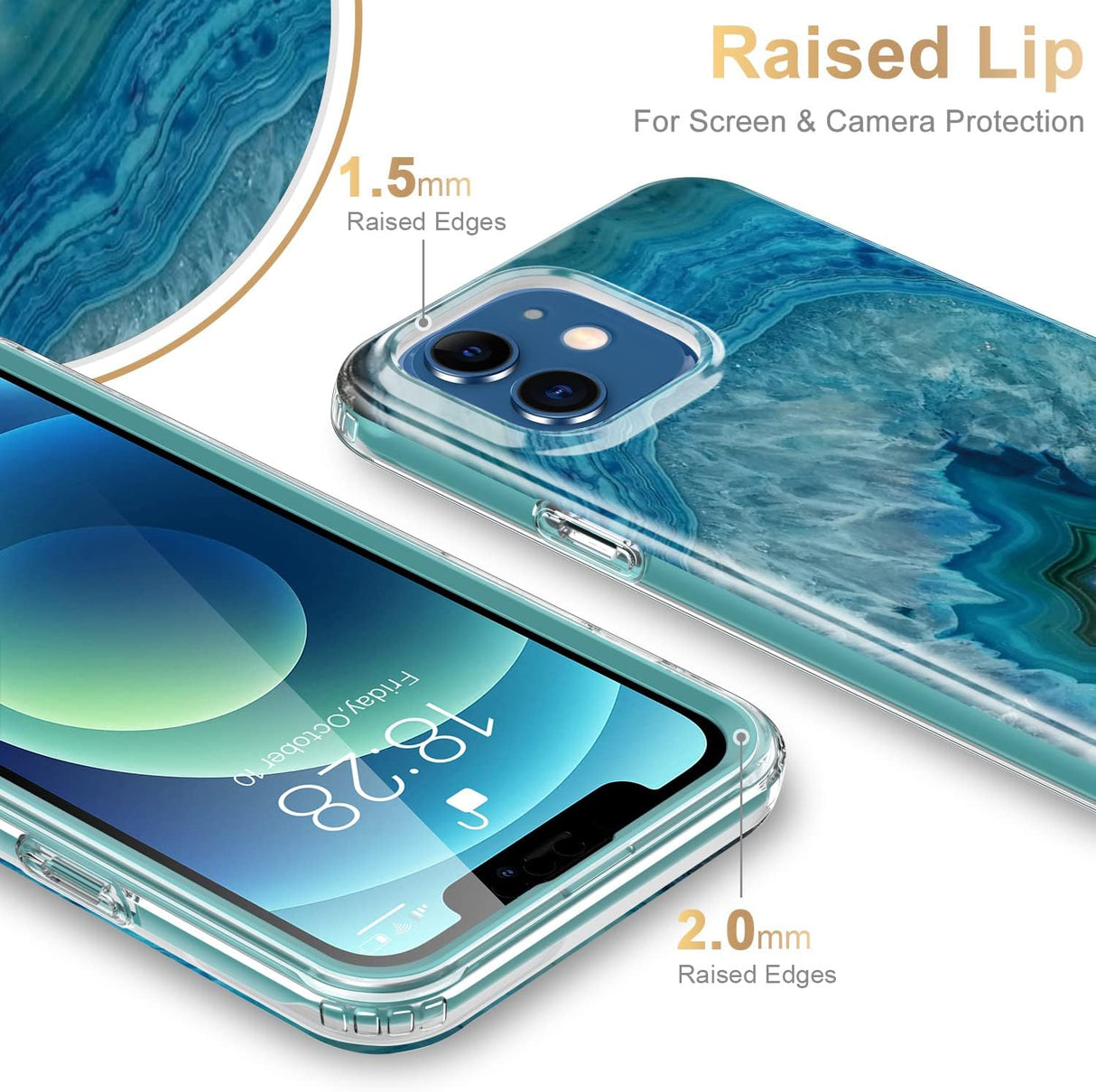 ESDOT Funda para iPhone 12, iPhone 12 Pro con protector de pantalla integrado, funda resistente con diseños de moda para mujeres y niñas, funda protectora para iPhone 12/12 Pro de 6.1 pulgadas, piedra de ágata