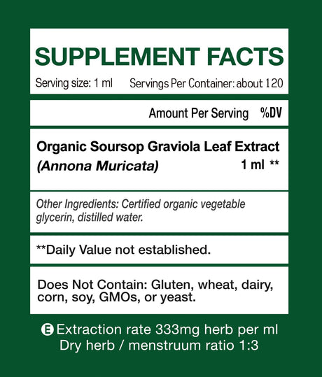 Extracto de Hoja de Soursop Graviola, Vegano, 4 Fl Oz