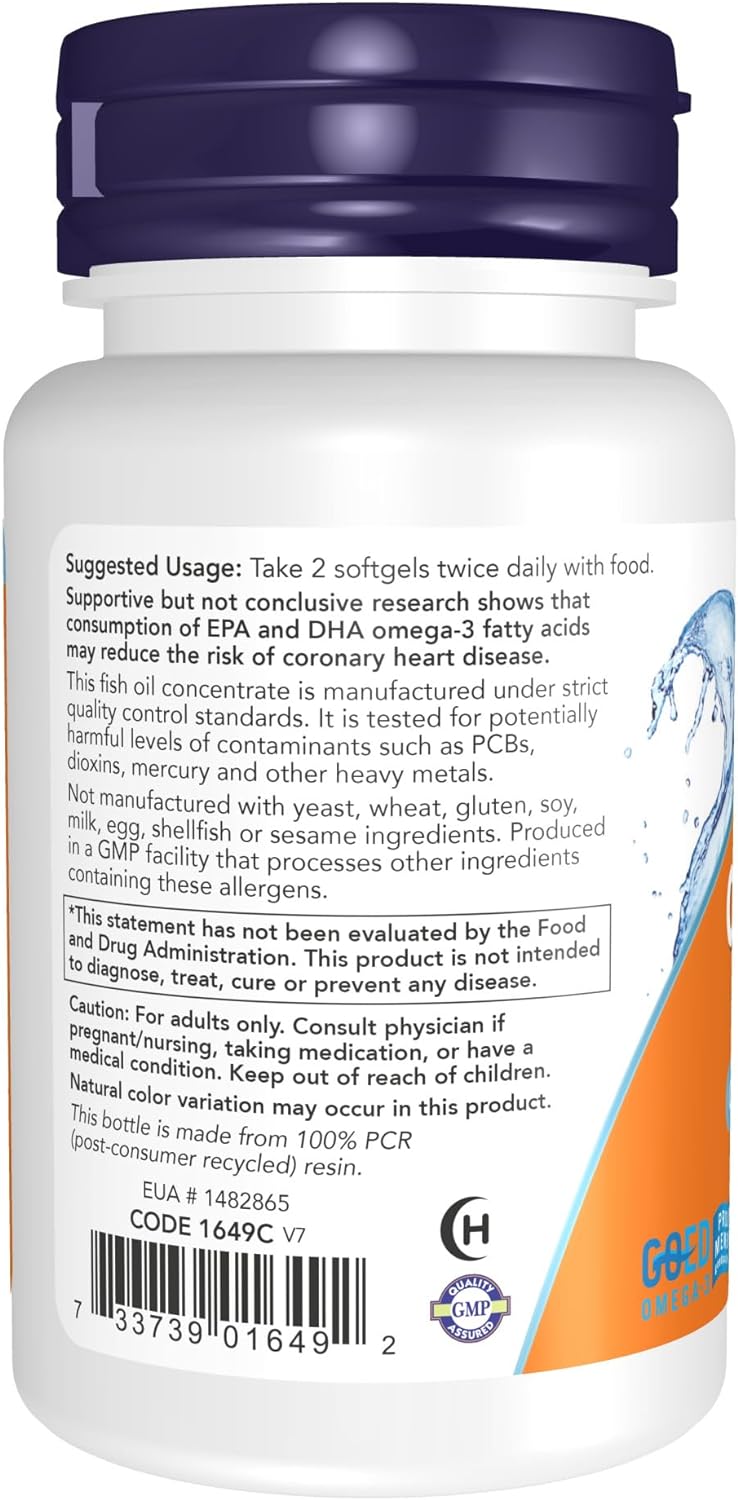 Suplementos Omega-3 NOW Foods, 180 EPA / 120 DHA, 30 gelatinas