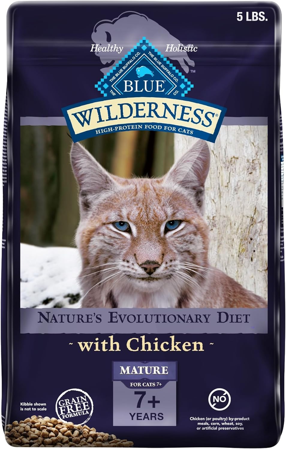 Blue Buffalo Alimento para gatos maduros, receta de pollo natural Wilderness Natural, alimento seco para gatos mayores, bolsa de 5 libras