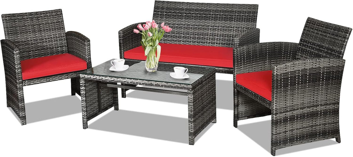 Goplus Juego de muebles de ratán de 4 piezas, sofá de conversación de mimbre para exteriores con cojines resistentes a la intemperie y mesa de vidrio templado para césped, patio, piscina, jardín (rojo)
