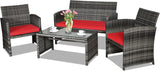 Goplus Juego de muebles de ratán de 4 piezas, sofá de conversación de mimbre para exteriores con cojines resistentes a la intemperie y mesa de vidrio templado para césped, patio, piscina, jardín (rojo)