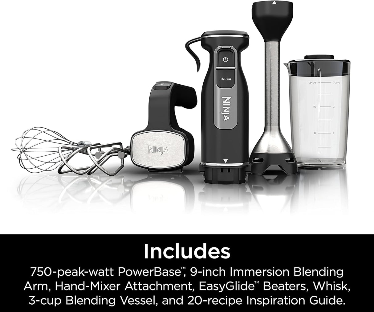 Batidora de Mano Ninja, Licuadora de Inmersión, Sistema de Batidora de Potencia Foodi, 750 Watts, Combo Batidora y Mezcladora con Varillas, Batidores y Vaso de 3 Tazas, 120V, Negro CI101