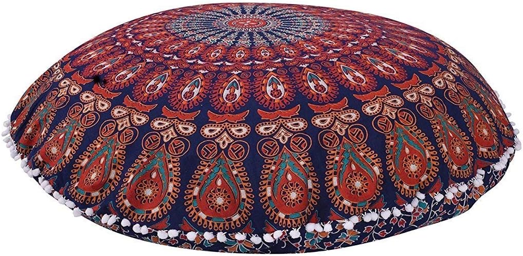 Funda bohemia para cojín, de 32 pulgadas, con diseño de mandala, para meditación, decorativa, otomana, grande, para exteriores, decoración del hogar, decoración de arte en el hogar, redonda, con pompones de algodón, cómoda