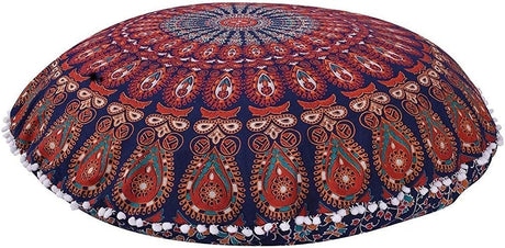 Funda bohemia para cojín, de 32 pulgadas, con diseño de mandala, para meditación, decorativa, otomana, grande, para exteriores, decoración del hogar, decoración de arte en el hogar, redonda, con pompones de algodón, cómoda