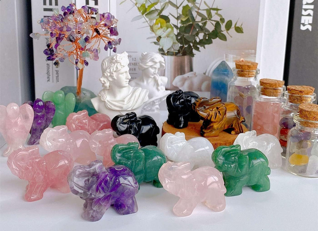 QINJIEJIE 3 pcs de cristales decorativos de elefante, amatista, cuarzo rosa, aventurina verde, bonitas piedras de escritorio, estatua de piedras preciosas naturales, decoración de la suerte,