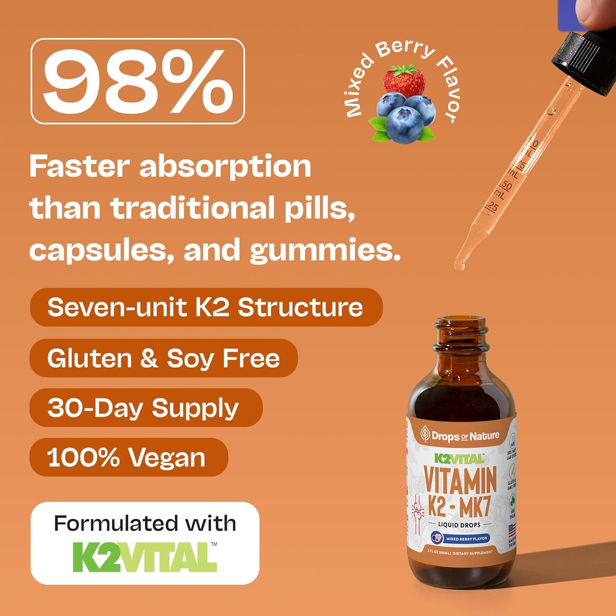 Suplemento líquido de K2 MK7, vegano, no GMO, 60ml