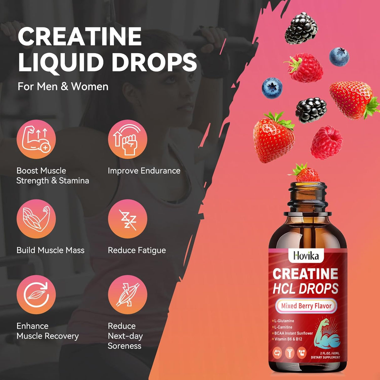 Creatine HCL Liquid Drops for Men &amp; Women, Creatine Hydrochloride with L-Carnitine, L-Glutamine, BCAA, Vitamin B12 &amp; B6 for Muscle Growth &amp; Recovery-Vegan, Mixed Berry Flavor Flavor, 2 Fl Oz