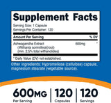 Suplemento de Ashwagandha 600 mg Vegetariano Sin OMG