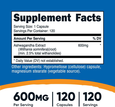 Suplemento de Ashwagandha 600 mg Vegetariano Sin OMG