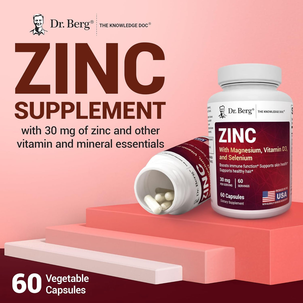 Dr. Berg Zinc 30mg con Magnesio, D3, Selenio y Cobre, 60 cápsulas