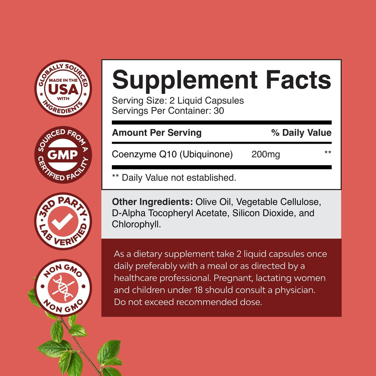 CoQ10 Líquido 200mg Suplemento, Alta Absorción, Salud Cardiaca