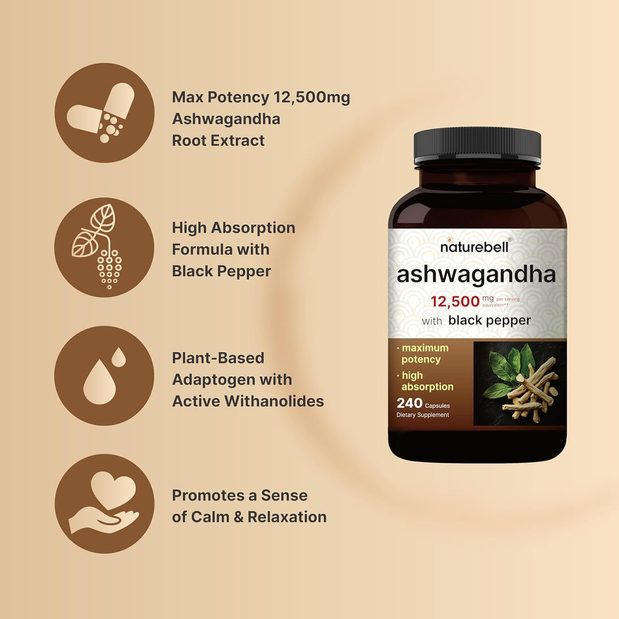 Suplemento de Ashwagandha NatureBell, 12,500 mg, 240 cápsulas