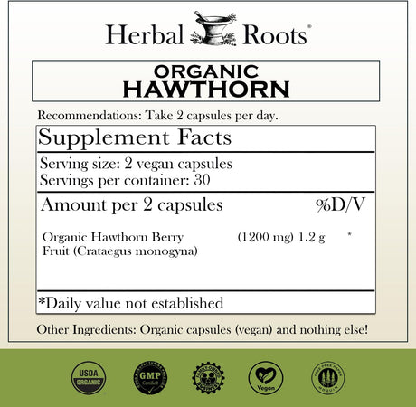 Herbal Roots Cápsulas orgánicas de bayas de espino – Salud del corazón – Extra fuerza 1,200 mg por porción, veganas, fabricadas en los Estados Unidos