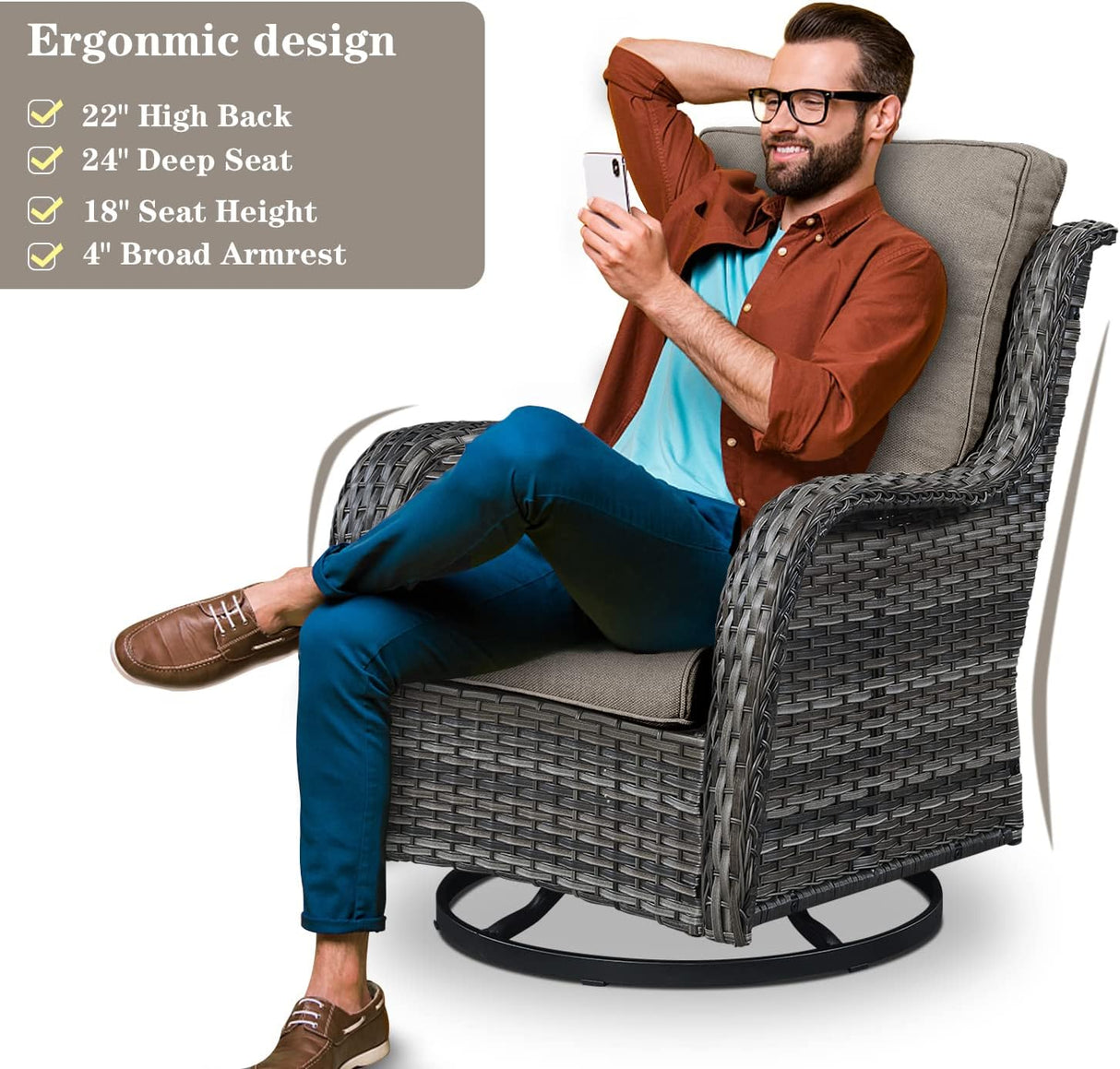 Belord Juego de muebles de patio al aire libre con mesa para fogata de propano, juego de conversación de mimbre de 7 piezas con 2 sillas giratorias mecedoras deslizantes, sofá de ratán, cojín gris,