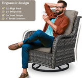 Belord Juego de muebles de patio al aire libre con mesa para fogata de propano, juego de conversación de mimbre de 7 piezas con 2 sillas giratorias mecedoras deslizantes, sofá de ratán, cojín gris,