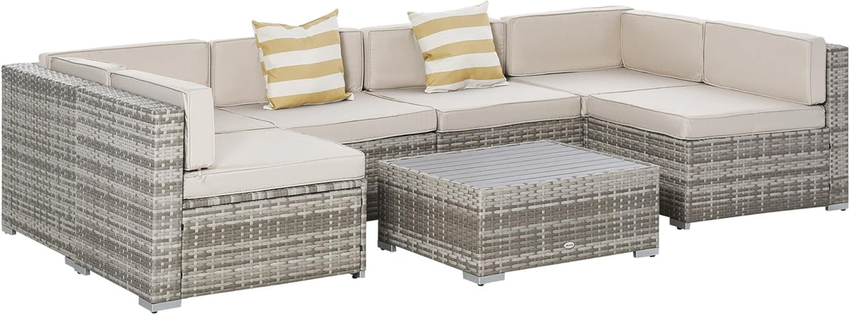 Outsunny Juego de muebles de patio de 7 piezas, juego de conversación de mimbre para exteriores, juego de sofá modular de ratán PE para todo tipo de clima, con cojines y mesa de madera sintética templada, almohadas a rayas, beige
