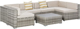 Outsunny Juego de muebles de patio de 7 piezas, juego de conversación de mimbre para exteriores, juego de sofá modular de ratán PE para todo tipo de clima, con cojines y mesa de madera sintética templada, almohadas a rayas, beige