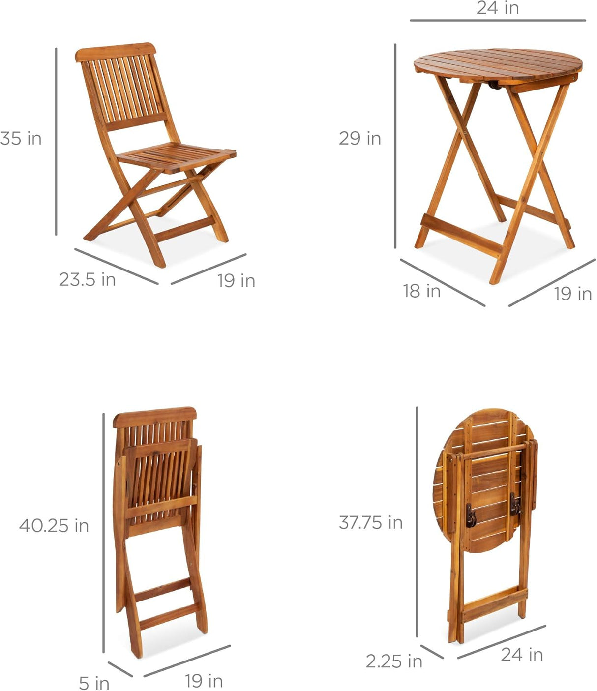 Best Choice Products - Juego de bistró de madera de acacia (3 piezas), muebles plegables adecuados para patio, jardín, balcón, terraza; incluye 2 sillas, mesa auxiliar redonda, terminación teca natural