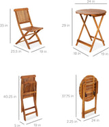 Best Choice Products - Juego de bistró de madera de acacia (3 piezas), muebles plegables adecuados para patio, jardín, balcón, terraza; incluye 2 sillas, mesa auxiliar redonda, terminación teca natural