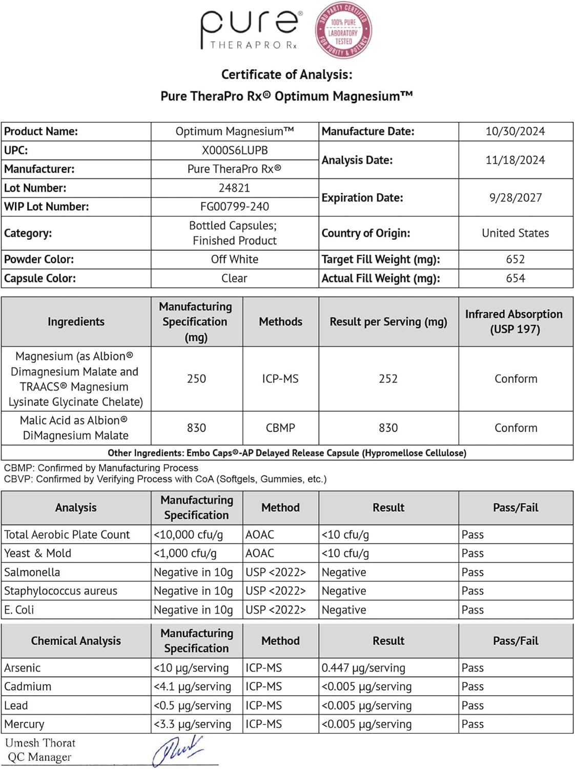 Pure TheraPro Mg Lysinate Glycinate 240 Cáps | USA