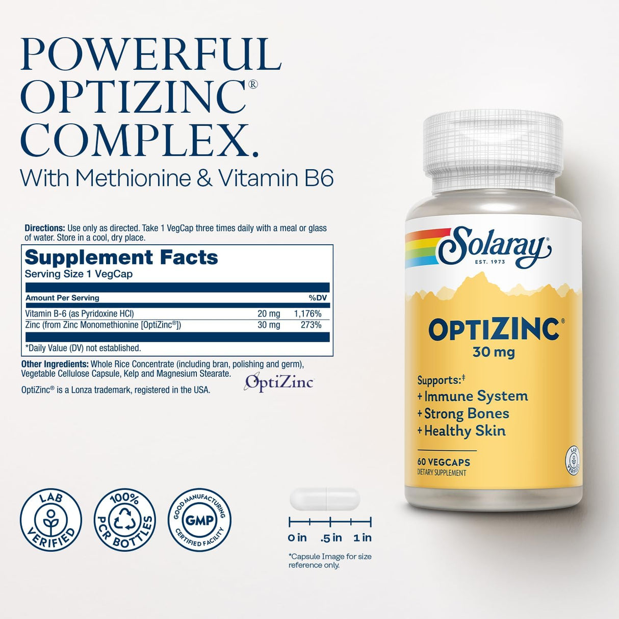 Solaray OptiZinc 30mg suplemento inmunidad, 60 VegCaps