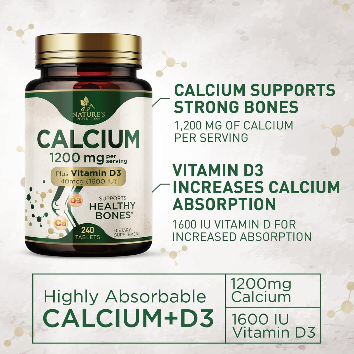 Suplemento Calcio 1200 mg con vitamina D3 apoyo óseo