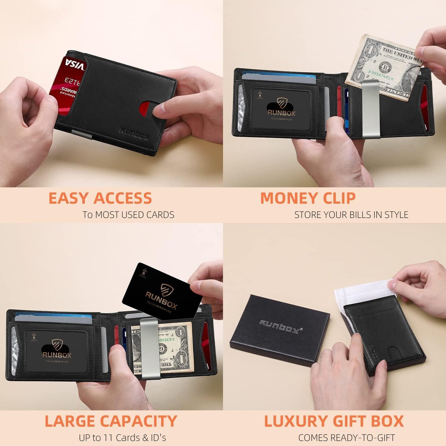 Billetera Slim RUNBOX para Hombre - Cuero, RFID, Bifold