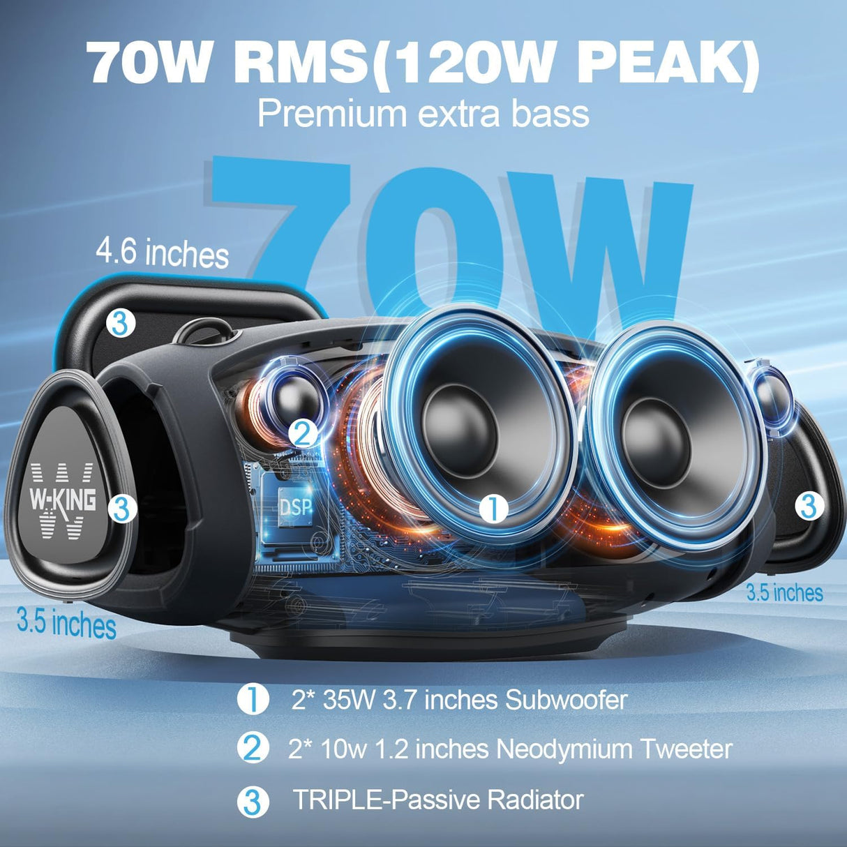 Altavoz Bluetooth W-KING 70W con micrófono inalámbrico