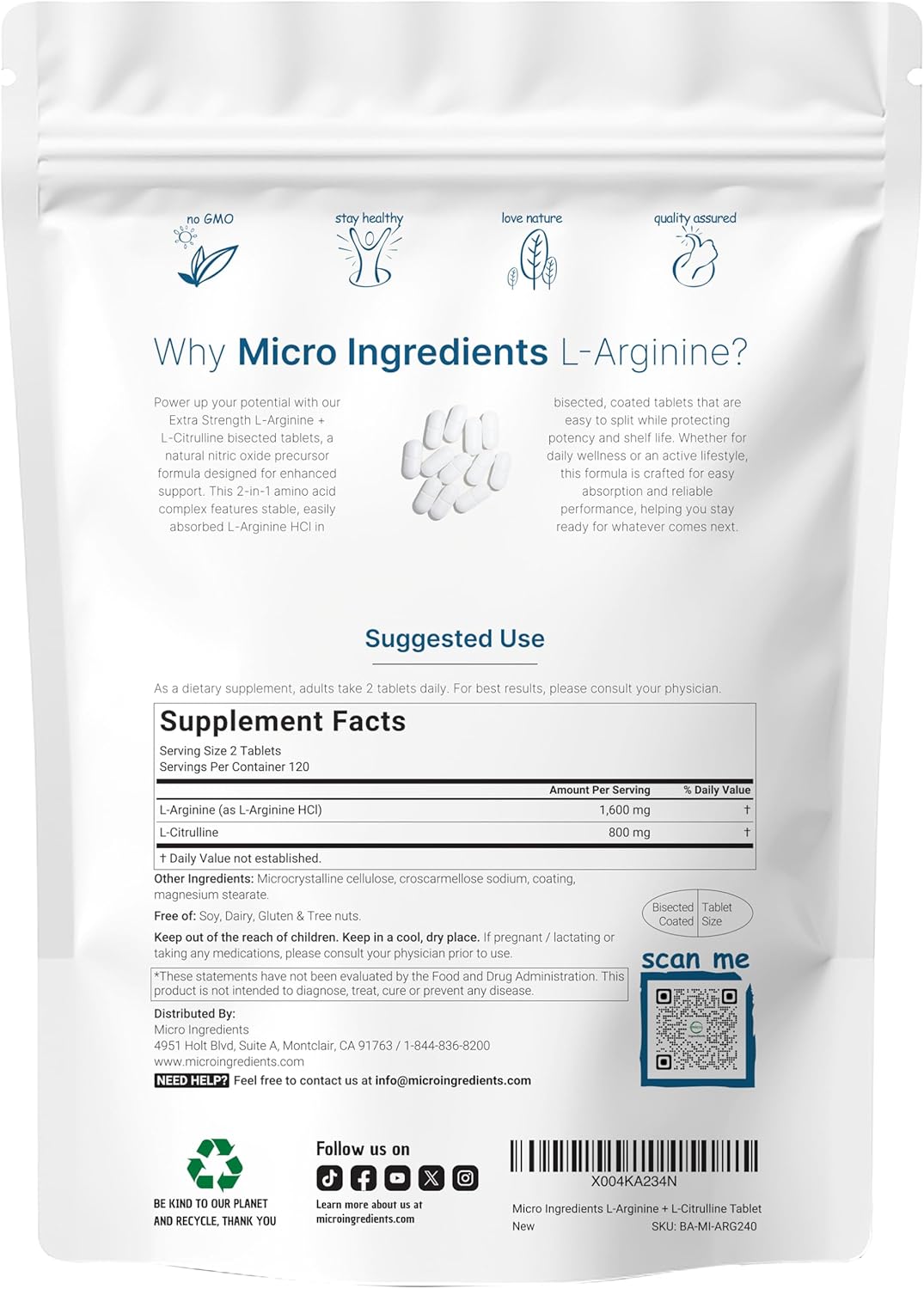 Suplemento de L-Arginina con L-Citrulina para energía y músculo, 4 meses