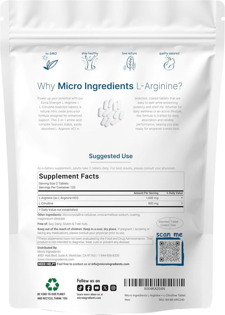 Suplemento de L-Arginina con L-Citrulina para energía y músculo, 4 meses