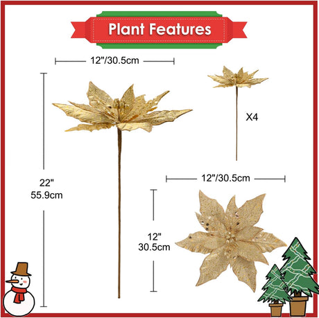 Flores Poinsettia Artificial Briful, Set de 4, 12'' Grandes