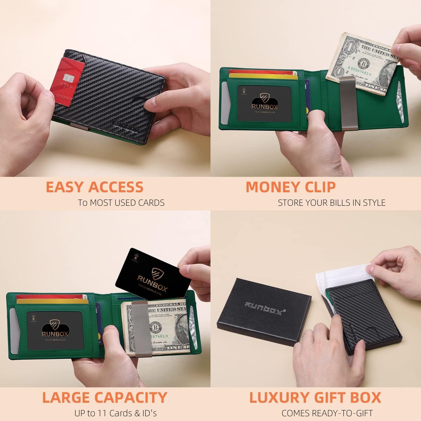 Billetera RUNBOX Slim para hombres - Clip de dinero, RFID, bifold