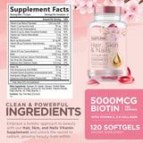 Vitaminas para Pelo, Piel y Uñas - 5000mcg Biotina, 120 Softgels