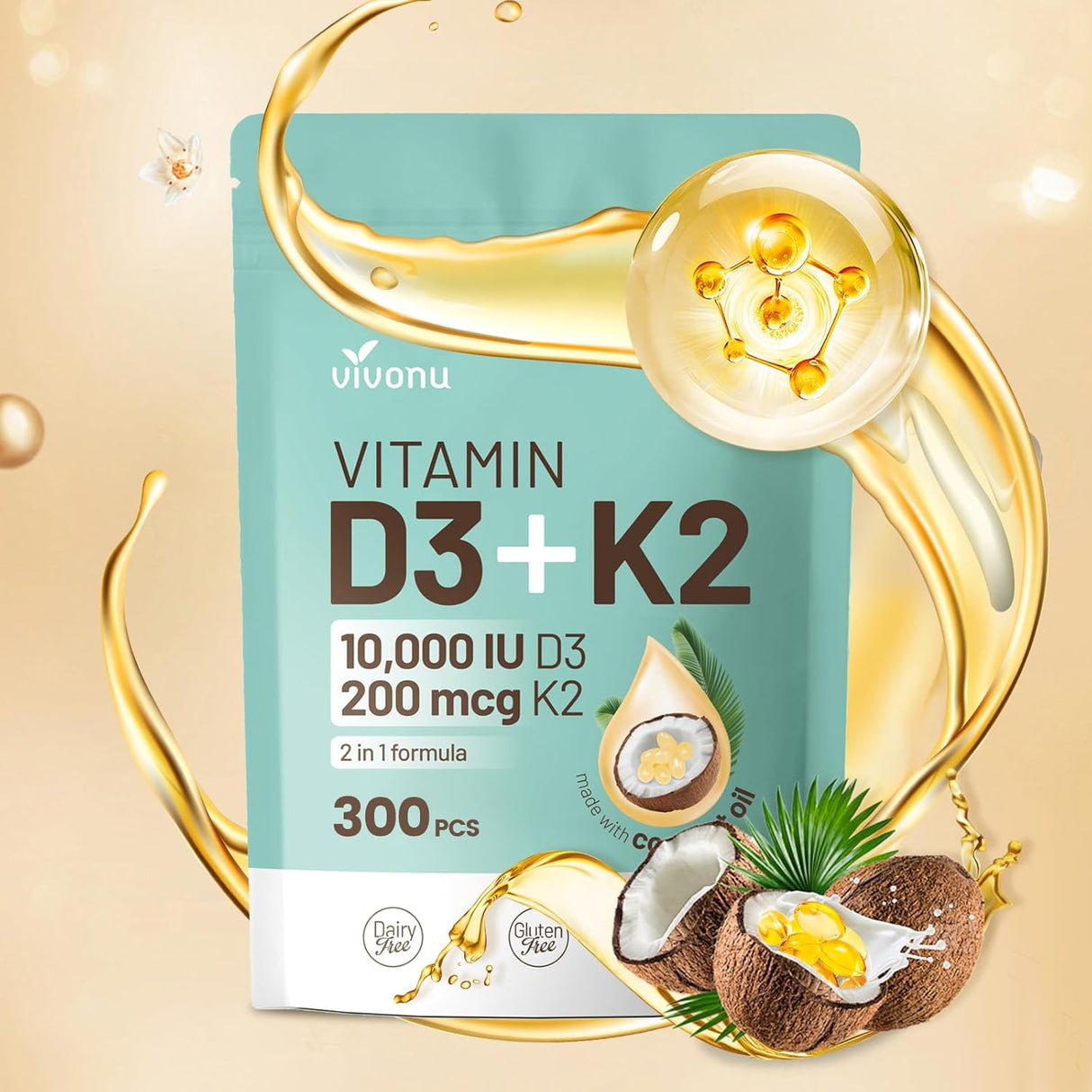 Suplemento de Vitamina D3 y K2, 10000 IU + 200 mcg, 300 Softgels