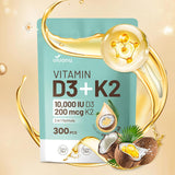 Suplemento de Vitamina D3 y K2, 10000 IU + 200 mcg, 300 Softgels