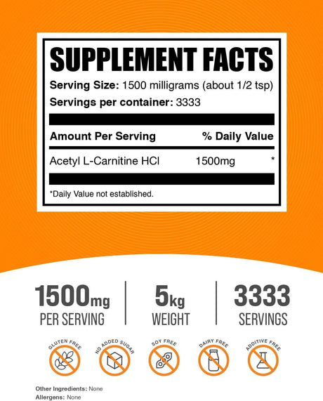 Acetil L-Carnitina en polvo BulkSupplements 1500mg 5kg (Pack 5)