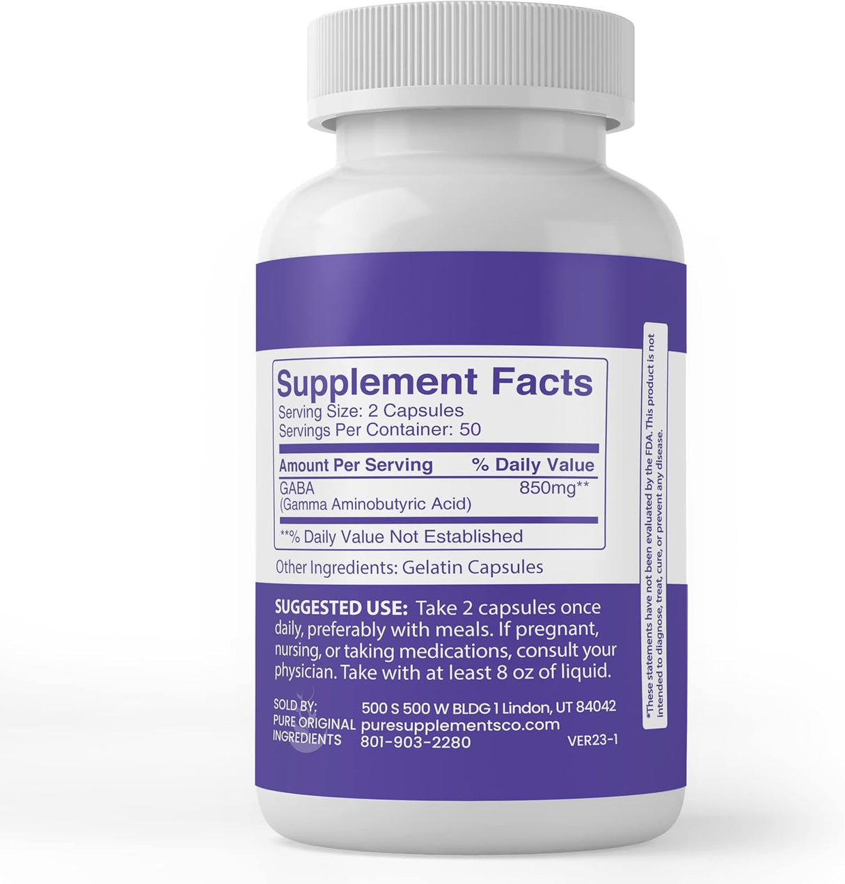 Suplemento Pure Original Ingredients GABA 100 cápsulas