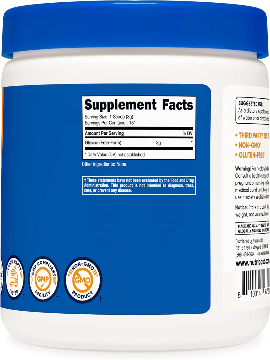 Suplemento Nutricost Polvo de glicina de 1 libra, sin OMG