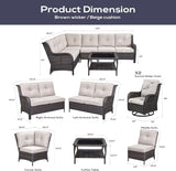 Belord Sofá seccional de muebles de exterior, sofá en forma de L, juego de mimbre para patio con 2 sillas deslizantes giratorias, juegos de conversación de ratán de 7 piezas con cojín beige para terraza, patio trasero, terraza y solárium