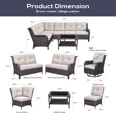 Belord Sofá seccional de muebles de exterior, sofá en forma de L, juego de mimbre para patio con 2 sillas deslizantes giratorias, juegos de conversación de ratán de 7 piezas con cojín beige para terraza, patio trasero, terraza y solárium