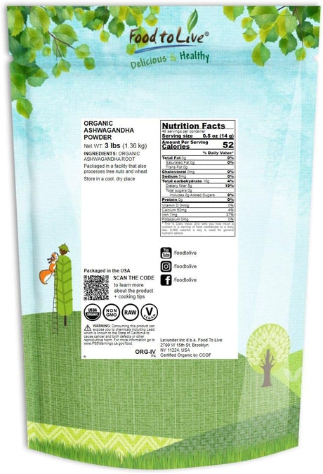 Polvo de Raíz de Ashwagandha, Food to Live, Orgánico, 3 lbs