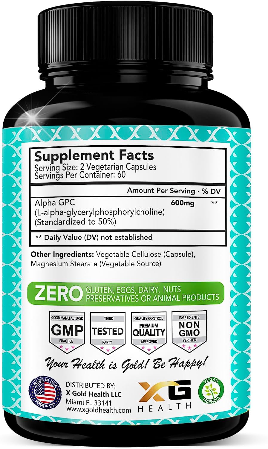 Suplemento de Colina Alpha GPC 600mg, Fuente Altamente Pura y Bioavailable