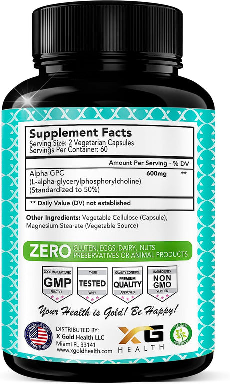 Suplemento de Colina Alpha GPC 600mg, Fuente Altamente Pura y Bioavailable