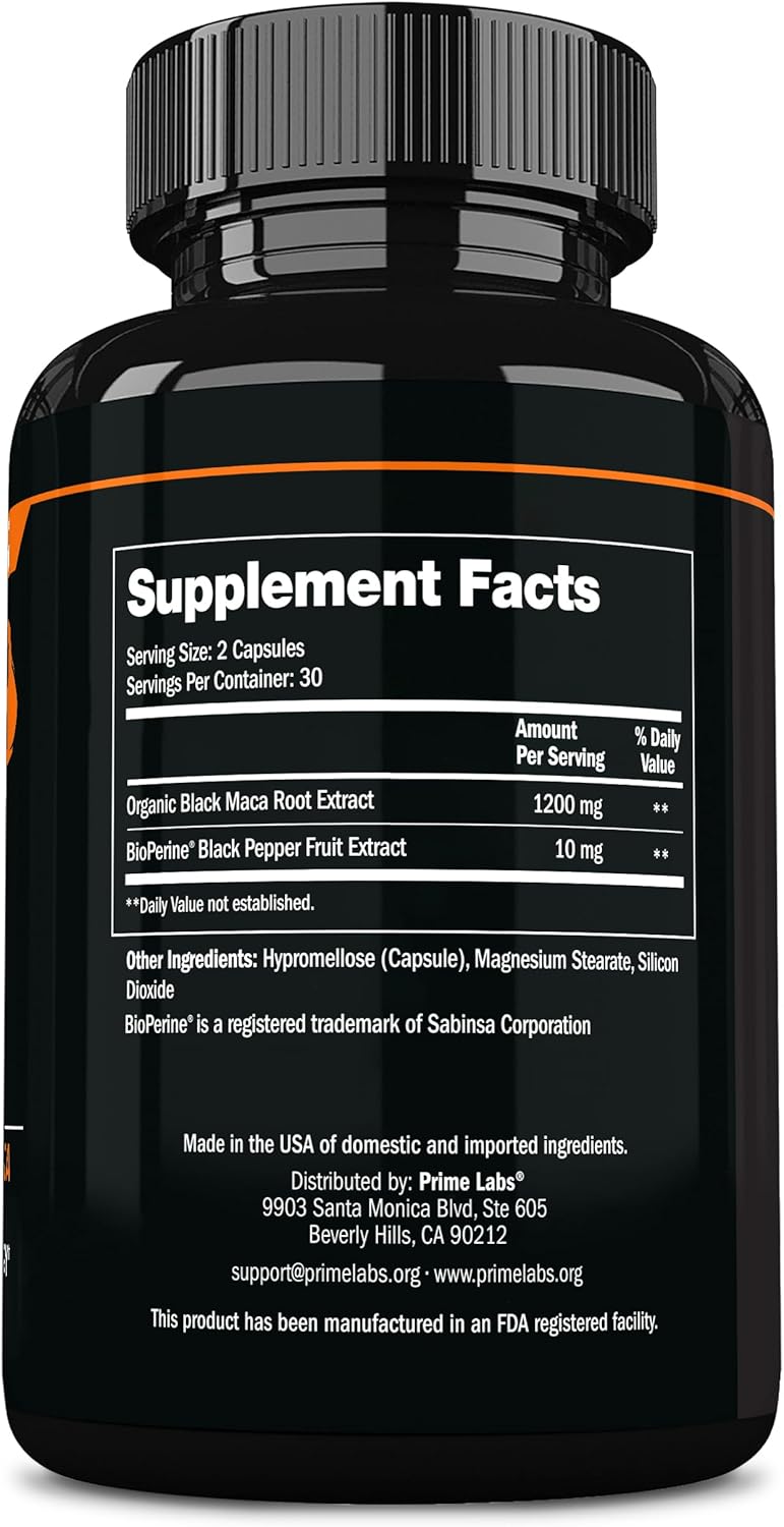 Prime Labs Cápsulas de Maca Negra Orgánica 1200mg, Energía y Vitalidad, 60u