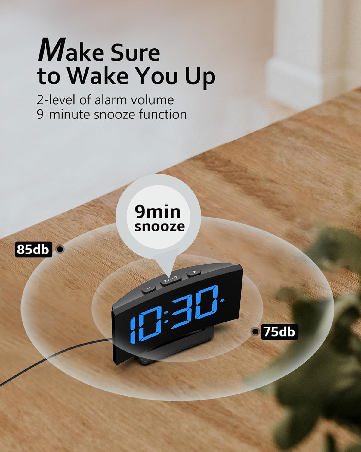 Reloj Despertador Digital Curvo, Números LED, 2 Volúmenes