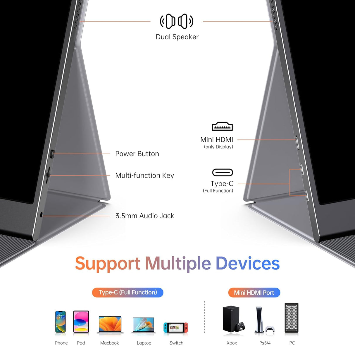 Monitor portátil 15.6 1080P USB-C HDMI, Ultra delgado, IPS