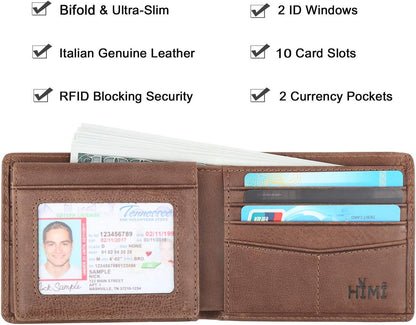 Billetera para Hombre - Cuero Genuino, RFID, Bifold, 2 Ventanas