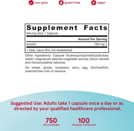 Jarrow Formulas Inositol 750 mg - 100 cápsulas vegetales - Apoyo hepático - Útil para el funcionamiento nervioso y el metabolismo de la grasa - 100 porciones